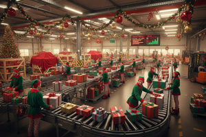 taśmociąg z paczkami świątecznymi na sortowni pracownicy świąteczne elfy